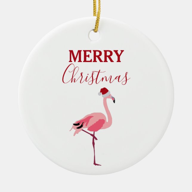 Christmas Pink Flamingo Bird with Santa Hat Ceramic Tree Decoration (Front)