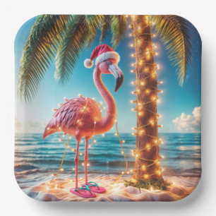 Christmas Pink Flamingo In Tangled Lights Paper Plate