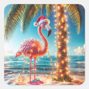 Christmas Pink Flamingo In Tangled Lights Square Sticker