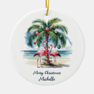 Christmas Pink Flamingo Palm Trees Personalized    Ceramic Tree Decoration