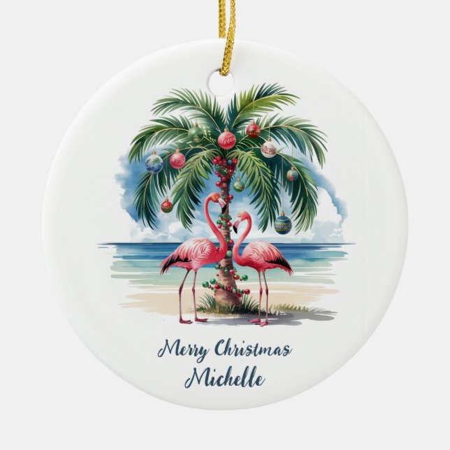 Christmas Pink Flamingo Palm Trees Personalized    Ceramic Tree Decoration (Front)