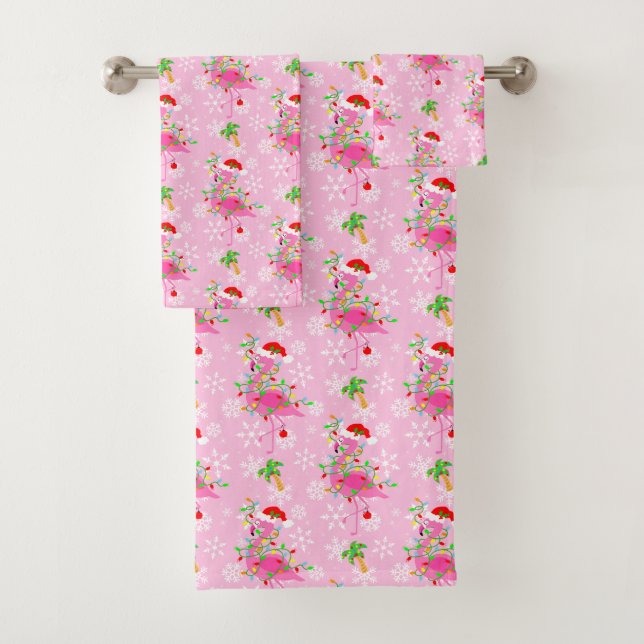 Christmas Pink Flamingo Pattern Bath Towel Set (Insitu)