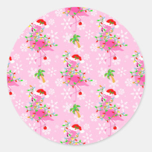 Christmas Pink Flamingo Pattern Classic Round Sticker