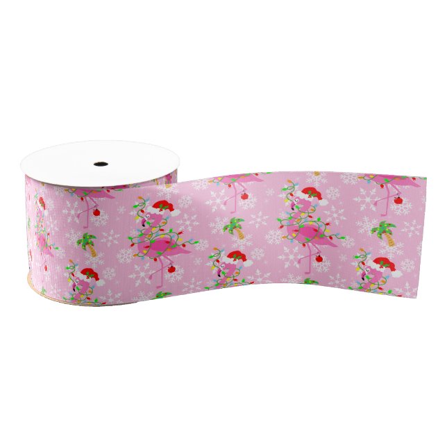 Christmas Pink Flamingo Pattern Grosgrain Ribbon (Spool)