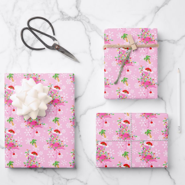 Christmas Pink Flamingo Pattern Wrapping Paper Sheet (Front)