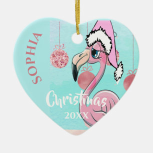Christmas Pink Flamingo Santa Photo Blue Cute Ceramic Tree Decoration