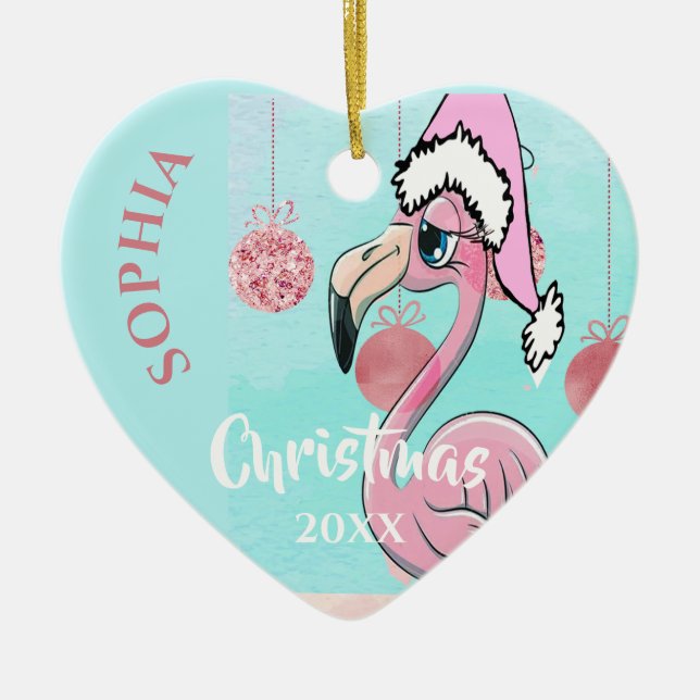 Christmas Pink Flamingo Santa Photo Blue Cute Ceramic Tree Decoration (Front)