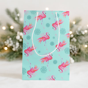 Christmas Pink Flamingo Snowflake Medium Gift Bag