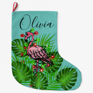 Christmas Pink Flamingo twinkle lights Large Christmas Stocking