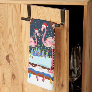 Christmas Pink Flamingos holiday Tea Towel