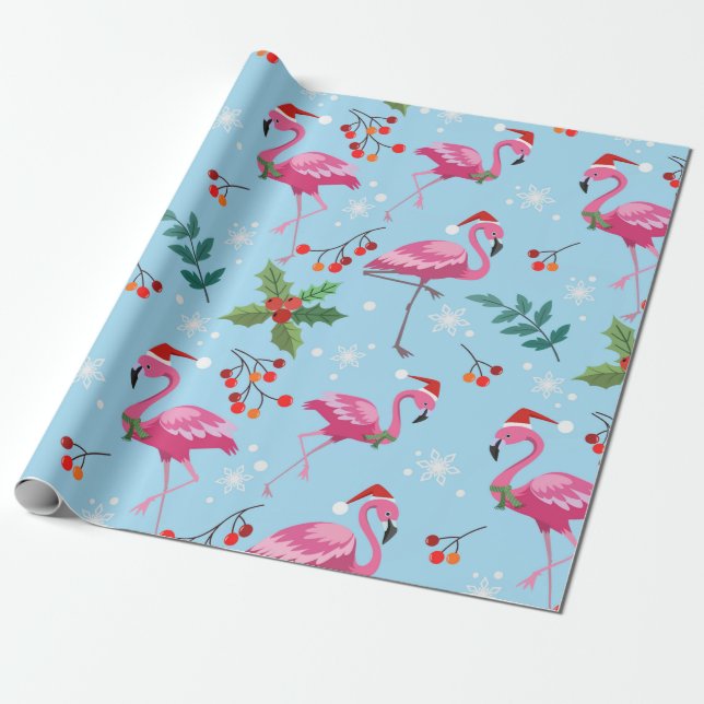 Christmas Pink Flamingos Red Holly Berries Gift Wrapping Paper (Unrolled)