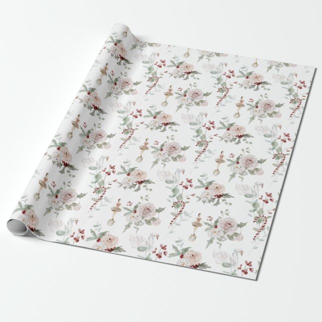 Christmas Pink Floral Ballerina and Swan Gift Wrapping Paper (Unrolled)
