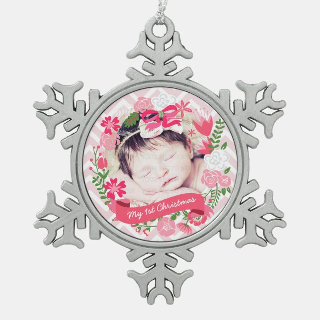 Christmas Pink Floral Wreath Photo Personalised Snowflake Pewter Christmas Ornament (Front)