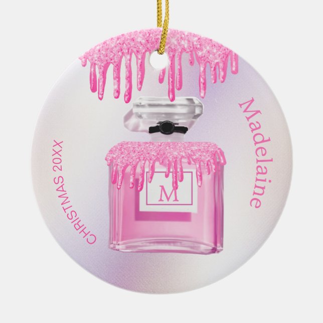 Christmas Pink Glitter Perfume Monogram  Ceramic Tree Decoration (Front)