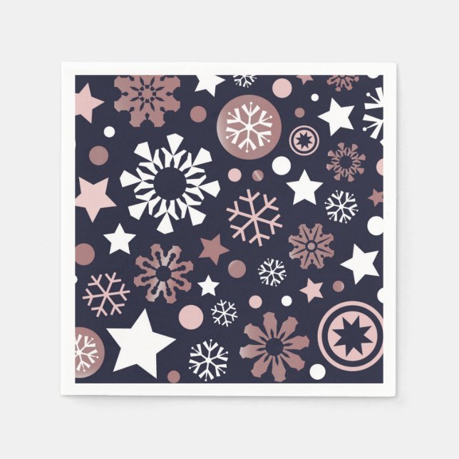 Christmas pink gold metallic snowflakes in blue napkin (Front)