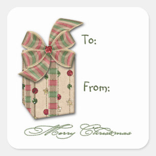 Christmas Pink Green Package With Ribbons Gift Tag