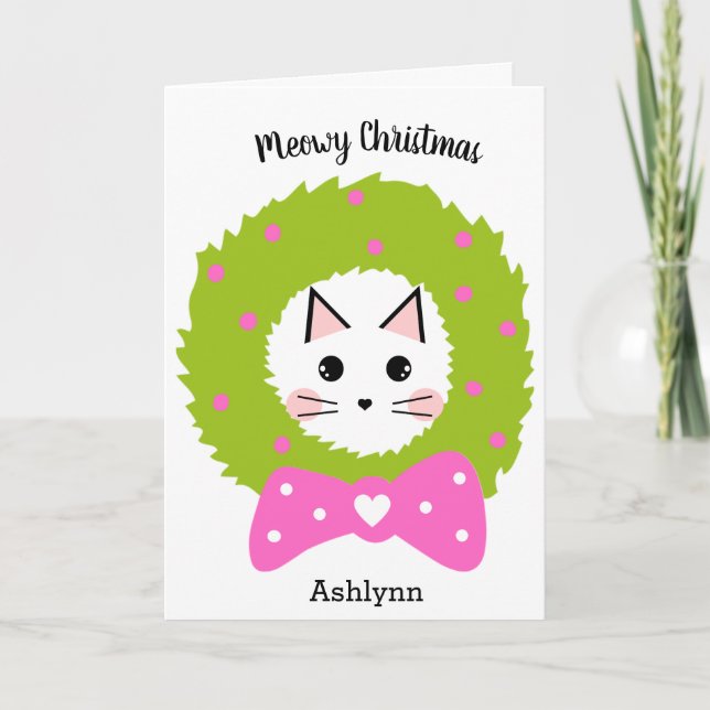 Christmas Pink Green Wreath Cat Card (Front)