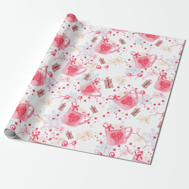 Christmas Pink Hot Cocoa Wrapping Paper (Unrolled)