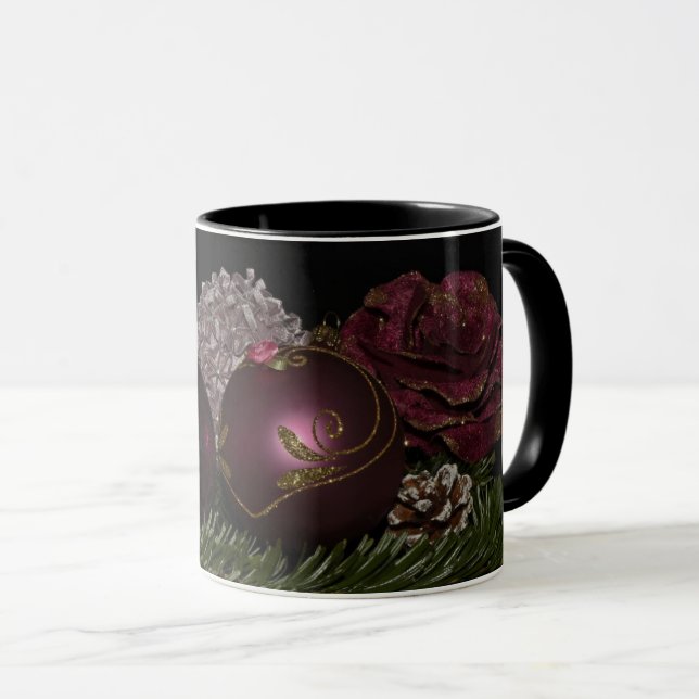 Christmas Pink Marron Ornaments Floral Black Mug (Front Right)