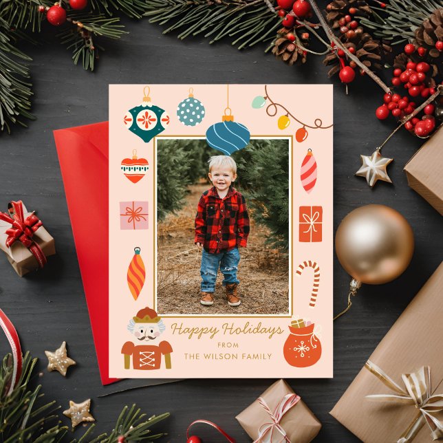 Christmas Pink Ornament Cute Family Photo Holiday Postcard (Creator Uploaded)