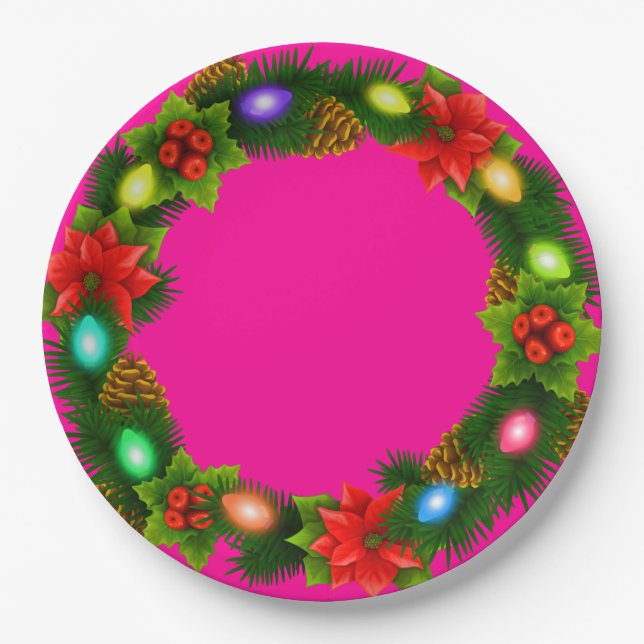 Christmas Pink Paper Party Plates 9" (Front)