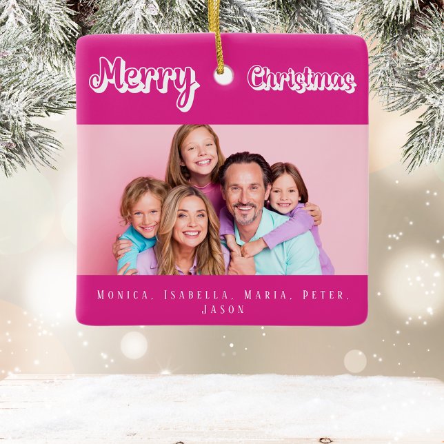 Christmas pink photo names modern white ceramic ornament (Creator Uploaded)