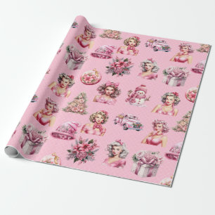 Christmas Pink Pin-Up Doll, Tree Truck Design Wrapping Paper