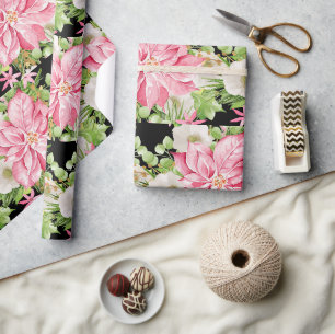 Christmas Pink Poinsettia Floral Holiday Wrapping Paper