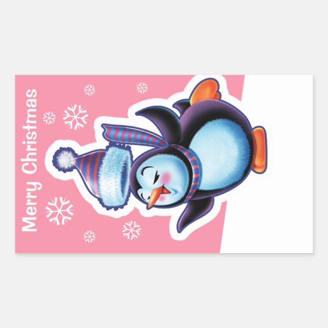 Christmas pink rectangle sticker Penguin skater. (Front)