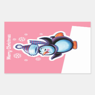 Christmas pink rectangle sticker Penguin skater.