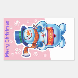 Christmas pink rectangle sticker Snowman drummer.