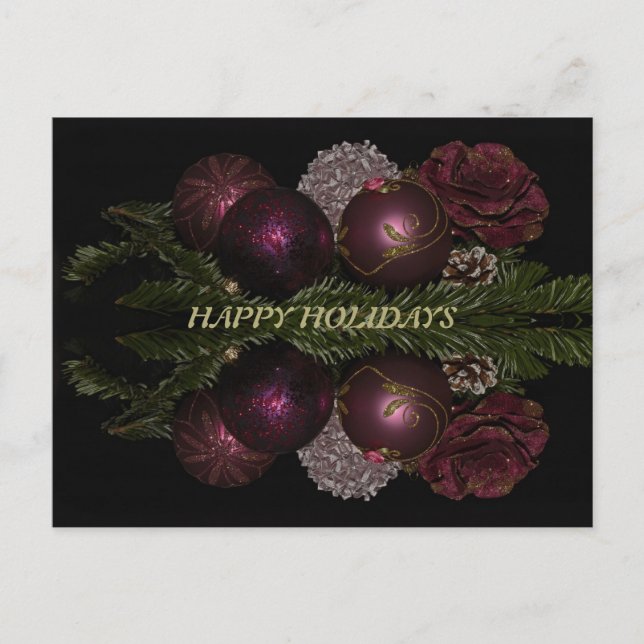 Christmas Pink Red Ornaments Green Leaves Black Postcard (Front)