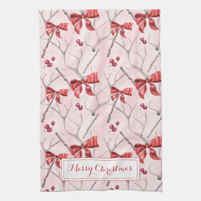 Christmas Pink Ribbons And Holly Berries Holiday K Tea Towel (Vertical)