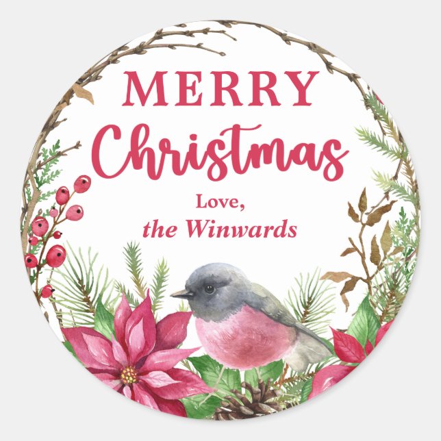 Christmas Pink Robin Poinsettia Winter Wreath Classic Round Sticker (Front)
