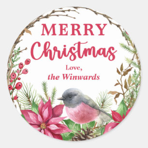 Christmas Pink Robin Poinsettia Winter Wreath Classic Round Sticker
