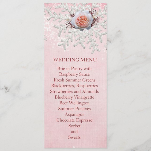 Christmas Pink Roses Snowflakes Wedding Menu (Front)