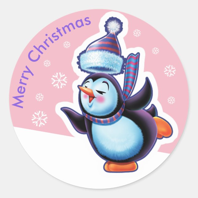 Christmas pink round sticker Penguin skating. (Front)
