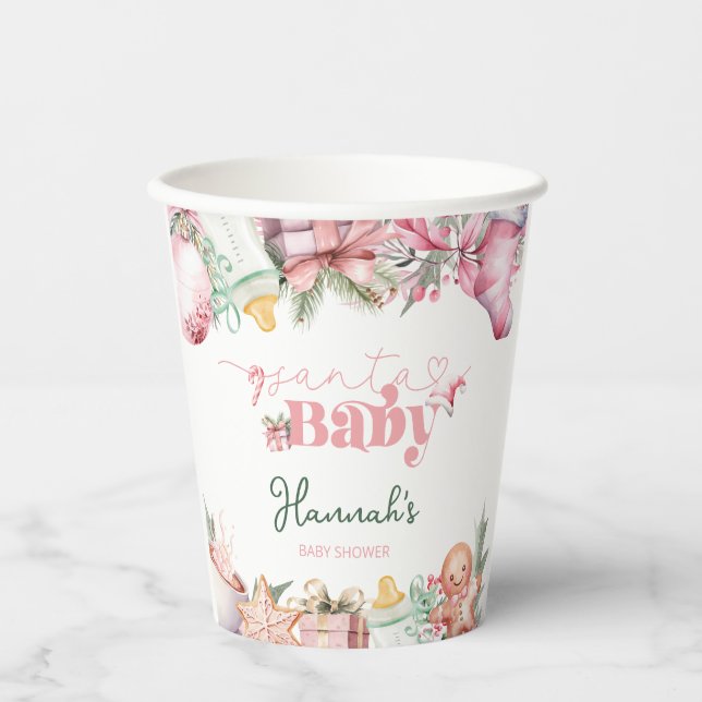 Christmas Pink Santa Baby Shower Paper Cups (Front)