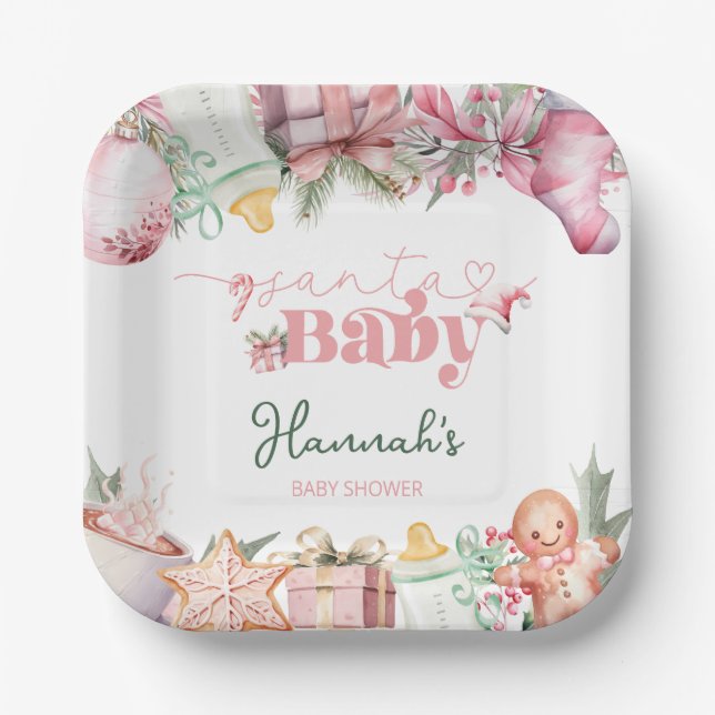 Christmas Pink Santa Baby Shower Paper Plate (Front)