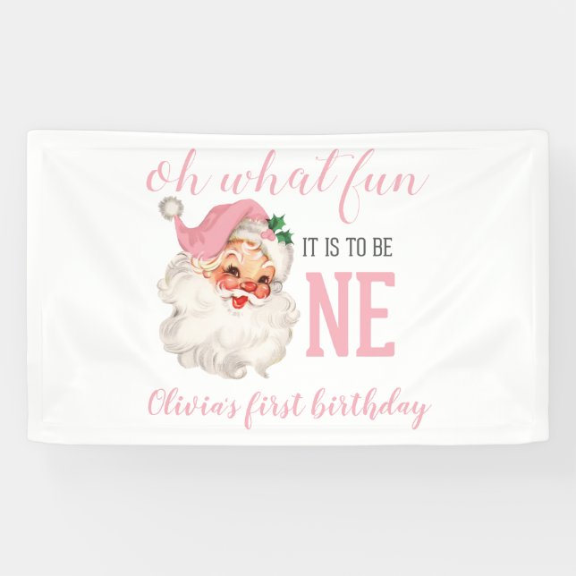 Christmas Pink Santa First Birthday Banner (Horizontal)