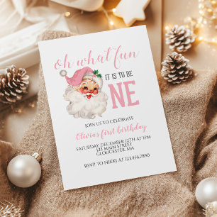 Christmas Pink Santa First Birthday Invitation