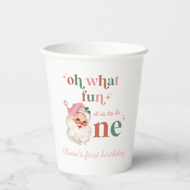 Christmas Pink Santa First Birthday Paper Cups (Front)
