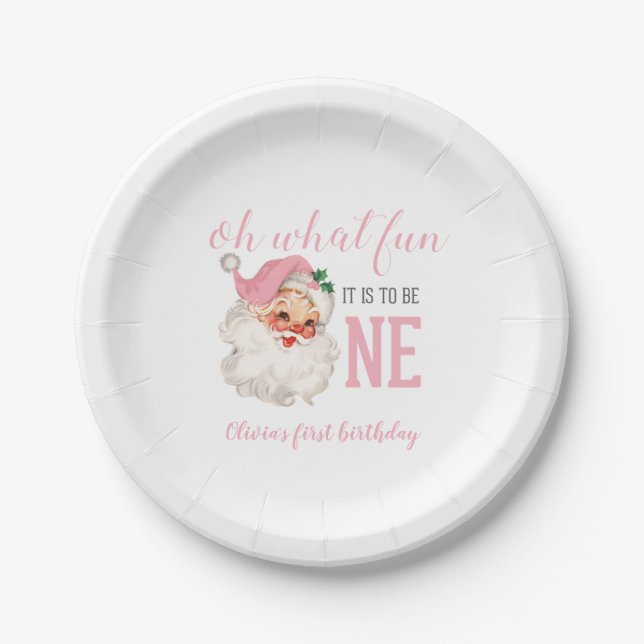 Christmas Pink Santa First Birthday Paper Plate (Front)