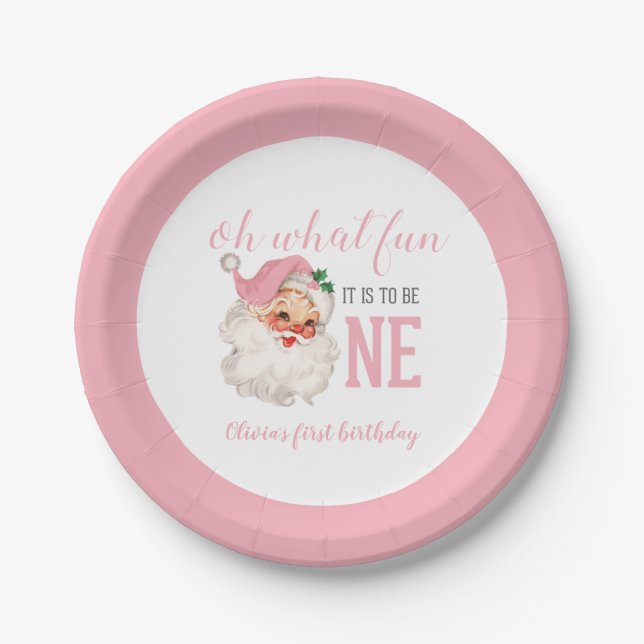 Christmas Pink Santa First Birthday Paper Plate (Front)