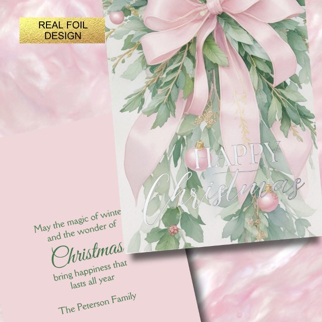 Christmas Pink Satin Ribbon Holly Greenery Foil Holiday Card (Creator Uploaded)