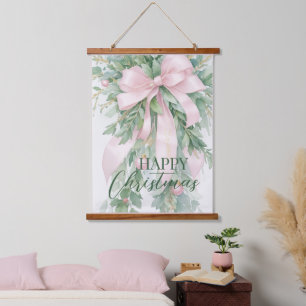 Christmas Pink Satin Ribbon Holly Greenery Hanging Tapestry