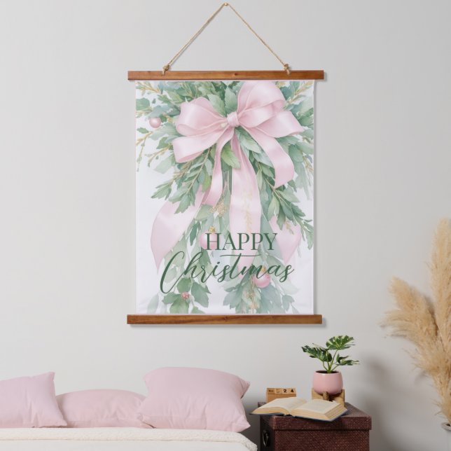 Christmas Pink Satin Ribbon Holly Greenery Hanging Tapestry (Bedroom)