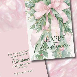 Christmas Pink Satin Ribbon Holly Greenery Holiday Card