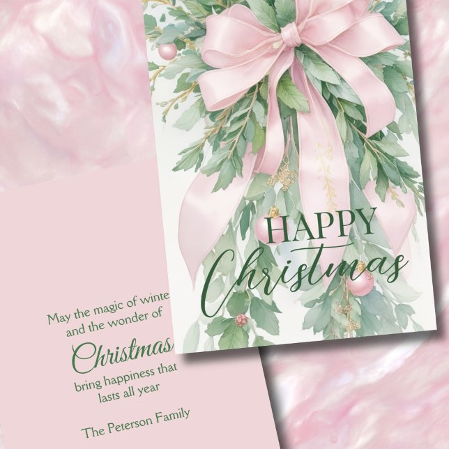 Christmas Pink Satin Ribbon Holly Greenery Holiday Card (Creator Uploaded)