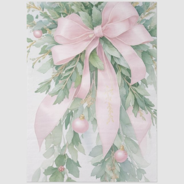 Christmas Pink Satin Ribbon Holly Greenery Tissue Paper (Front)